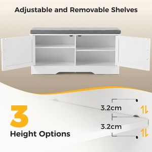 Banc de rangement pour chaussures de 39 pouces avec coussin rembourré, armoire à chaussures à 4 portes, étagère réglable, entrée, blanc - Product Image 3