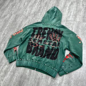 Vente en gros de sweats à capuche pour hommes en molleton épais vintage, style hip-hop, avec strass, effet vieilli, unis, personnalisables, délavés à la pierre et découpés au laser - Product Image 3