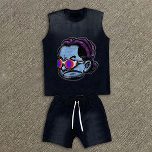 Conjunto de pantalones cortos de verano con estampado DTG personalizado, estilo vintage, lavado a la piedra, efecto desgastado por el sol, conjunto de 2 piezas, camiseta y pantalones cortos para hombre. - Product Image 6