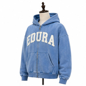 Sweat à capuche délavé personnalisé brodé pour homme, motif lettres bleues, style vintage streetwear, en polaire polyester/coton - Product Image 2