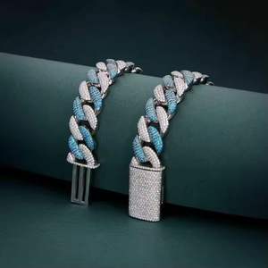 Collar de Cadena Cubana de Lujo con Incrustaciones de Moissanita Azul y Blanca, Chapado en Plata, Joyería Hip Hop con Cierre de Caja, Unisex - Product Image 1