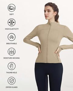 <b>Women's</b> <b>Beige</b> Full Sleeve Zipper <b>Jacket</b> Stand Collar Solid Color Breathable Spandex Nylon Leisure Top Regular Fit All Seasons - Product Image 4