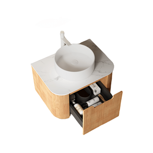 Mobile bagno moderno DINA da 24 pollici a parete con lavabo, bordi curvi e mobiletto a righe con cassetti - Lusso e funzionalità - Product Image 3