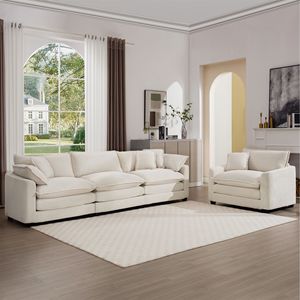 Set da Soggiorno in Stile Mid-Century Moderno: 2 Divani a 3 Posti in Velluto a Coste Beige Chiaro e 1 Poltrona Singola - Product Image 1