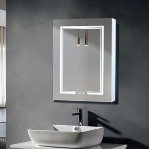Specchio LED OZON 28*20 pollici con 1 porta, 2 ripiani, antiappannamento, regolazione luminosità a tre colori, 2 prese e memoria di alimentazione - Product Image 2