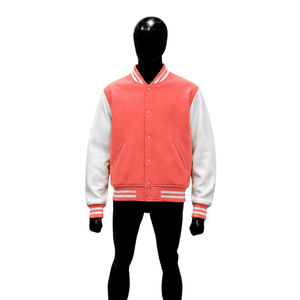 PREMIUM <b>CORAL</b> PINK LETTERMAN VARSITY <b>JACKET</b> FOR MEN Regular Fit Turn-down Collar Single Breasted Casual Autumn Wear PREMIUM STRE - Product Image 1