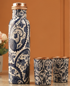Ensemble de bouteille et de gobelets en cuivre à motif de tulipes bleues, bouteille en cuivre imprimée de motifs floraux de luxe avec gobelets assortis, design artisanal - Product Image 6