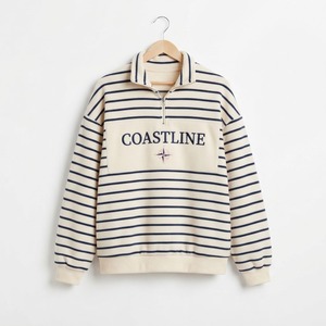<b>Women's</b> Cream Fleece <b>Quarter</b>-<b>Zip</b> Sweater With Navy Bow Plaid Trim Casual Winter Top - Product Image 3