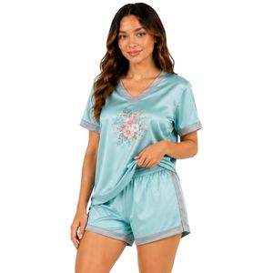Conjunto de Pijama de Satén con Estampado Floral Azul Agua para Mujer, Cuello en V, Manga Corta, Top y Pantalones Cortos, Ropa de Dormir Suave, Personalizable OEM - Product Image 1