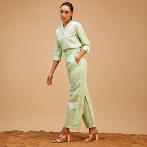 Ensemble coordonné en lin vert, col mandarin, sans manches, coupe droite, décontracté, respirant, tissé, couleur unie, ourlet droit, naturel, pour le printemps - Product Image 4