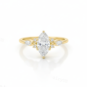 Bague de fiançailles solitaire en diamant de laboratoire taille marquise, or massif 14K 18K, avec pierres latérales florales, bijou de mariée unique - Product Image 2
