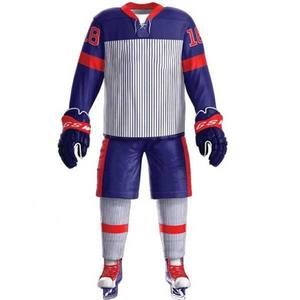 Ensemble de maillot de hockey sur glace sublimé pour hommes, bleu, rouge, blanc, rayé, manches longues, évacuation de l'humidité, coupe régulière, uniforme d'équipe adulte - Product Image 2