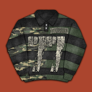 Chemise de rugby en coton lourd 320 GSM avec empiècements rayés camouflage, logo imprimé robuste et vieilli, toucher premium. Chemises polo de rugby. - Product Image 1