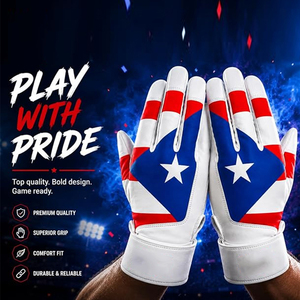 Guantes de bateo de cuero PU blancos, rojos y azules con diseño de la bandera de Puerto Rico, guantes de entrenamiento de béisbol a la moda para adultos. - Product Image 5
