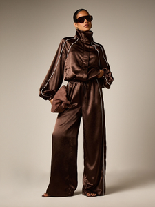 Silk Satin <b>Jacket</b> Funnel Neck Zip Piping Trim Raglan Sleeve Oversized Chocolate Brown Womens Wholesale - Product Image 6