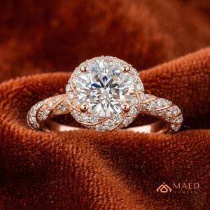 <b>Rose</b> Gold Round Cut Moissanite/Diamond Engagement Ring for Women, Halo Ring with Twisted <b>Infinity</b> Pave Diamond Band - Product Image 1