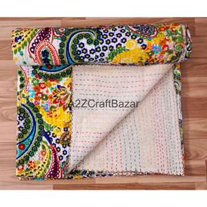 Couvre-lit Kantha en coton 100% fait main en Inde, imprimé à la main, motif floral multicolore, vintage Gudri, pour hôtel - Product Image 3