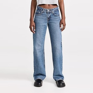Pantalon évasé taille haute pour femme grande taille, coupe droite en coton, avec options de délavage foncé ou clair, style uni - Product Image 2
