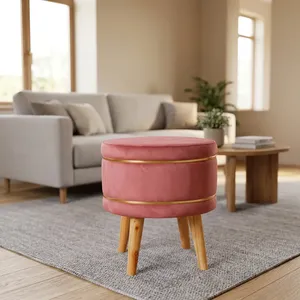 Pink Leather Eco-Friendly Handmade Ottoman <b>Stool</b> Gold Accent Band Wooden Legs Modern Footrest Seating Entry Living Room Bedroom - Product Image 2
