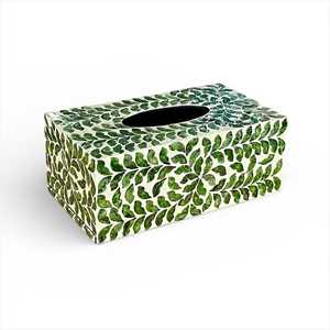 Caja de pañuelos moderna con incrustaciones de hueso y nácar, diseño de hojas verdes, hecha a mano, decoración elegante para el hogar y la oficina, ideal para regalo. - Product Image 3
