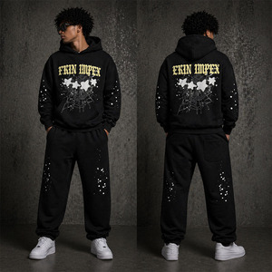 Sweat à capuche intégral Ekin Streetwear Y2K surdimensionné pour homme en coton avec impression personnalisée en relief et broderie toile d'araignée en strass - Product Image 3