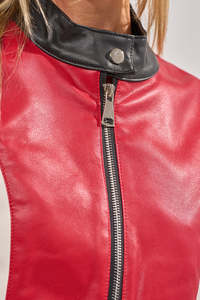 Chaqueta Corta de Moto para Mujer, de Cuero PU Revestido, Cortavientos, Manga Larga, Cuello Alto, Bloques de Color, Cierre de Cremallera, Ropa de Invierno, Piel Sintética - Product Image 6