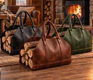 Sac de transport pour bois de chauffage en cuir véritable et bois, robuste, vintage, rustique, porte-bûches pour cheminée LWC-0010 - Product Image 6