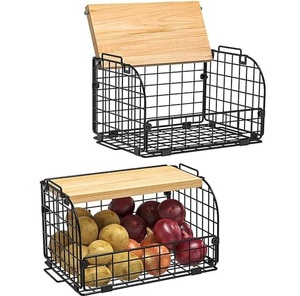 Panier en fil métallique empilable avec couvercle ouvrable, organisateur de comptoir de cuisine, panier de rangement pour aliments, fruits, pain, épices pour la cuisine - Product Image 1