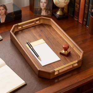Bandeja de almacenamiento de madera con asas de metal, diseño clásico en forma de polígono para organizar el escritorio, organizador de oficina multifuncional - Product Image 3