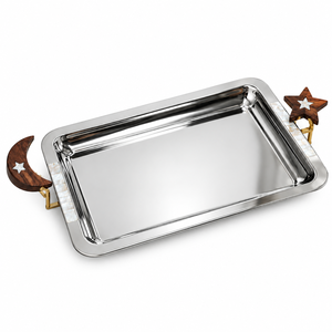 Rectangular Stainless Steel Serving <b>Tray</b> with Moon Star <b>Wooden</b> Handles | Elegant Platter for Tea Snacks Desserts and Parties Use - Product Image 1