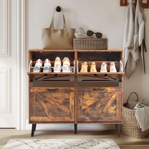 Scarpiera Monofacciale con 4 Cassetti Ribaltabili in Metallo Nero e Legno Massello, Design a Porta Scorrevole in Plastica Nera - Product Image 1