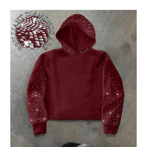 Sweat-shirt à capuche pour femme en polaire, coupe courte, avec manches à strass bordeaux, style streetwear décontracté, haut d'hiver - Product Image 1