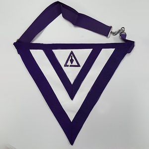 Custom <b>Purple</b> <b>Fabric</b> Masonic Apron Triangle Shape Silk Screen Printed Badge With Butterfly Clutch Attachment - Product Image 1