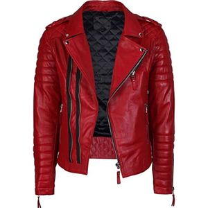 Nour Hammour Hatti cropped <b>jacket</b> made of brown leather red faux leather <b>biker</b> <b>jacket</b> features distinctive quilted shoulder pane - Product Image 1