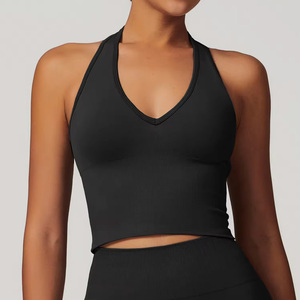 เสื้อกล้ามคอ halter สีดำสำหรับผู้หญิง ผ้าถักผสมสแปนเด็กซ์และโพลีเอสเตอร์ ทรงสปอร์ต ความยาวสั้น ระบายอากาศได้ดี สีพื้น เหมาะสำหรับออกกำลังกาย - Product Image 1