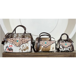 Premium Quality Large <b>Tooled</b> <b>Leather</b> Cowhide Speedy Bag Floral Carved with Turquoise Stone Cowgirl Travel Duffel Overnight Bags - Product Image 1