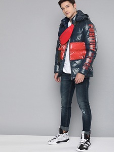 Men's Hooded Puffer Jacket Color Blocking PU Windproof Zipper Front Slim Fit Streetwear Winter Coat Red Blue Black - Product Image 1