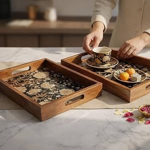 Wood Serving Tray Rectangle 16.5x11.8 Inch Handmade Retro Design With Handles - Product Image 3