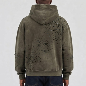 Hoodie personnalisé style streetwear vintage, effet vieilli, avec strass, nouveau style, effet délavé soleil, avec patch brodé - Product Image 2
