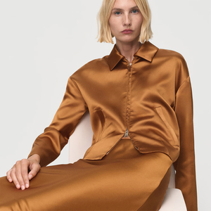 Customized <b>Lightweight</b> <b>Women</b> Satin Varsity <b>Jacket</b> Brown Color Long Sleeve Full Zip Up Woman Satin Bomber <b>Jacket</b> - Product Image 2
