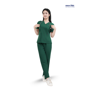 Ensemble de blouses médicales vertes à col en V pour femmes, manches courtes, uniforme d'hôpital, pantalon en coton et polyester tissé inclus - Product Image 2