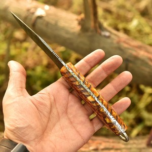 Hand Forged Damascus Steel Skinner Knife Pine Cone Handle Full Tang Fixed Blade Finger Ring Knife with <b>Leather</b> Sheath Custom OEM - Product Image 3