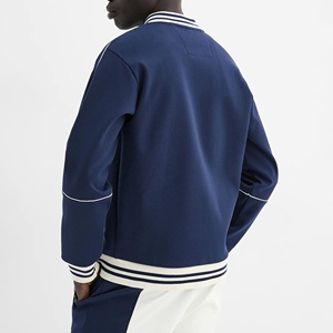 Men's Navy Blue Varsity Jacket With White Trim And <b>Button</b> Closure Preppy Style Regular Fit Autumn Wear - Product Image 6