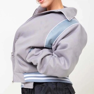 Women's Gray Varsity Jacket Full Sleeve Solid Color Stand Collar Zipper Closure Autumn Wear Contrast Trim - Product Image 2