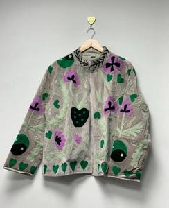 Ethnic Dark Gray <b>Velvet</b> Suzani Floral Embroidered Jacket Full Sleeve Stand Collar Handmade Bohemian <b>Women's</b> Winter <b>Coat</b> - Product Image 1