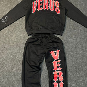 Custom Full Glitter Rhinestone 100% Cotton Sweatsuit Tracksuit <b>Sets</b> Oversized Men Printed Hooded Flared <b>Sweatpants</b> <b>Sets</b> - Product Image 5