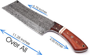 Custom Handmade Damascus Steel Chef Cleaver Knife 7" Full Tang Fixed Blade Ambidextrous Raindrop Surface Kitchen Chopper W/Wood - Product Image 2