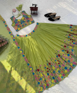 Designer Traditional <b>Green</b> Threadwork Organza <b>Silk</b> Slim Fit Lehenga Choli Festive Ready Stitched Latest Bridal Wedding Party All - Product Image 1