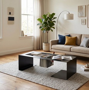Mesa de Centro Moderna de Metal Negro con Porta Revistas, Mesa de Té Minimalista de Hierro, Mesa Rectangular para Sala de Estar - Product Image 4