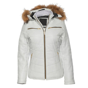 Veste en cuir de mouton matelassée blanche tendance pour femme, avec fourrure et capuche amovible, fermeture éclair, manteau d'hiver - Product Image 1